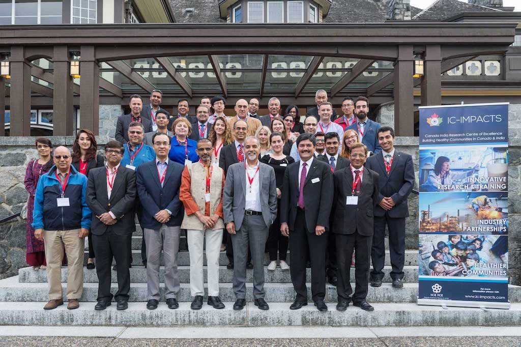 Attendees of the June 13, 2018 Special Session of IC-IMPACTS— Gateway to India, Innovation, and Economic Development stand on steps at Cecil Green Park House at the UBC Vancouver Campus