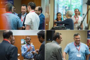 Collage of presenters Madjid Mohseni (also the moderator), Pierre Bérubé, Rajesh Seth, and Shiv Prasher on water panel at 2018 IC-IMPACTS Research Conference
